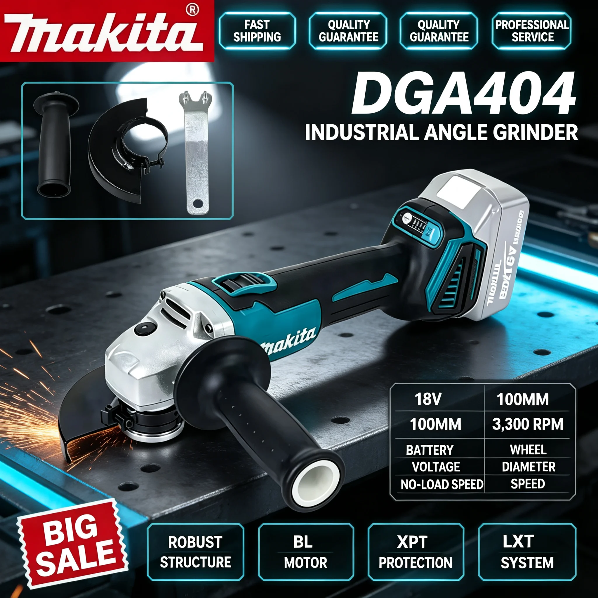 Brushless Angle Grinder Battery Powered - Makita DGA404 Wiederaufladbarer Bürstenloser Winkelschleifer 100mm
