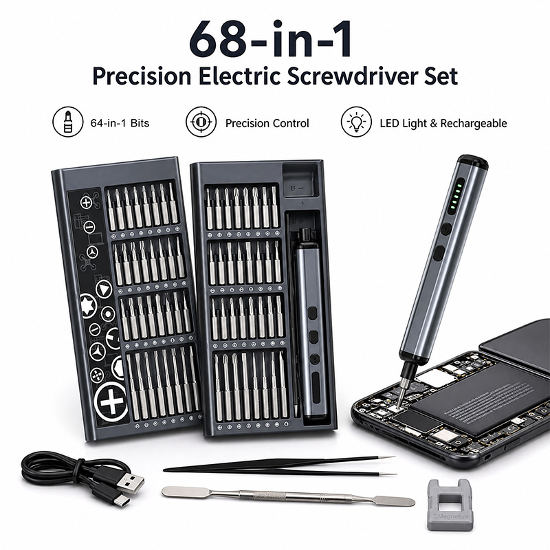 Electric Screwdriver Rechargeable Usb - 68-in-1 Präzisions-Elektroschraubendreher-Set mit 64 Bits, LED-Licht,
