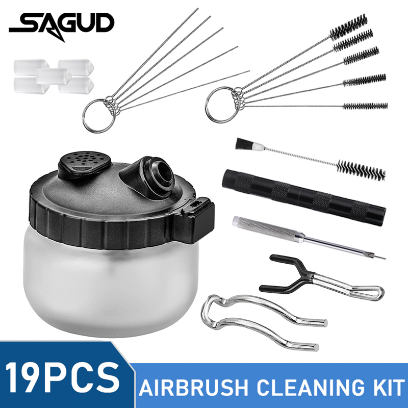 Airbrush Kit With Mini Compressor - SAGUD 19-teiliges Airbrush-Reinigungsset Spritzpistolen-Reiniger-Set mit Reinigungstopf,