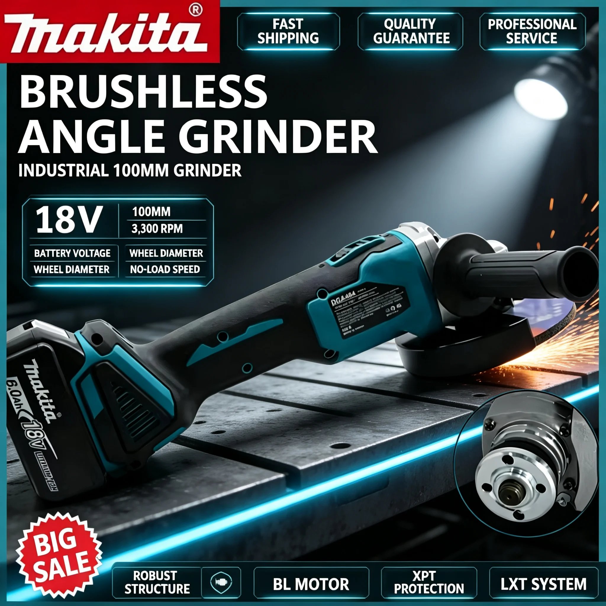 Brushless Angle Grinder Battery Powered - 100mm Hochleistungs-Makita DGA404 Bürstenloser Winkelschleifer, Wiederaufladbares